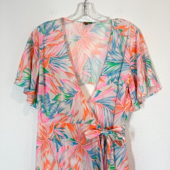 Farm Rio Maxi Dress Pink Orange Blue Hawaiian Wrap High Low Open Back Medium - Picture 5 of 13